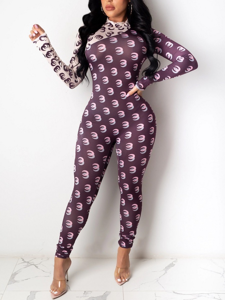 

Lovely Trendy Half A Turtleneck Print Patchwork Black One-piece Jumpsuit