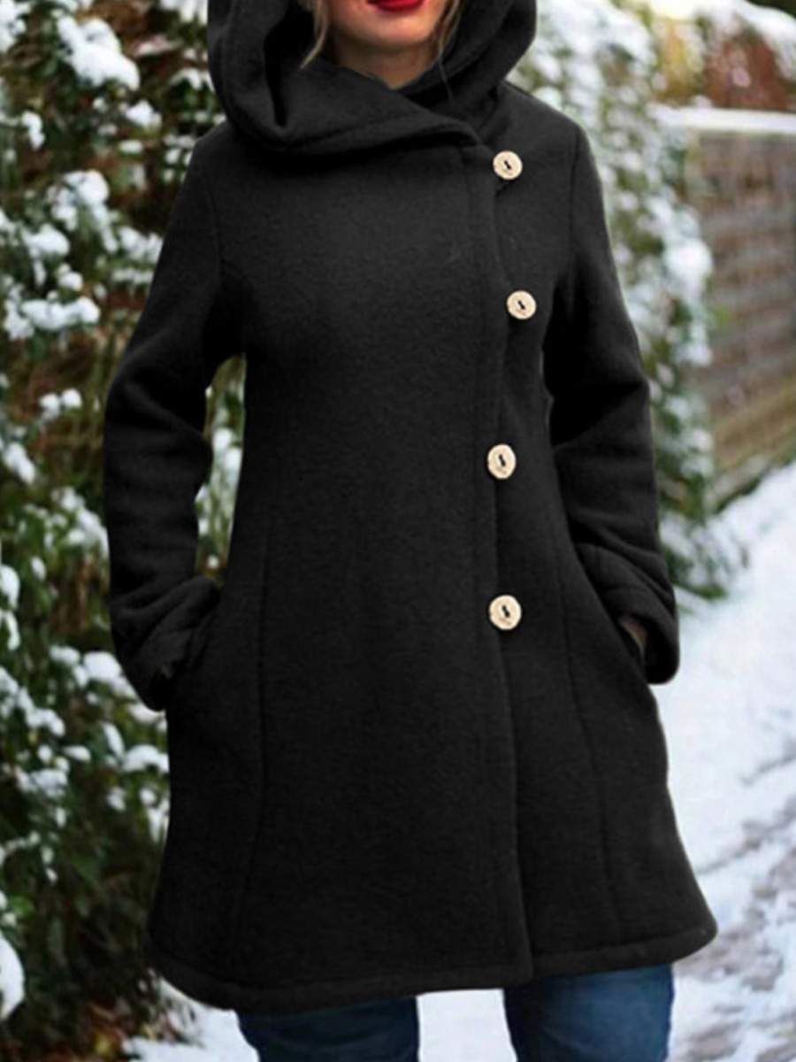 

lovely Casual Hooded Collar Buttons Design Black Plus Size Trench Coat