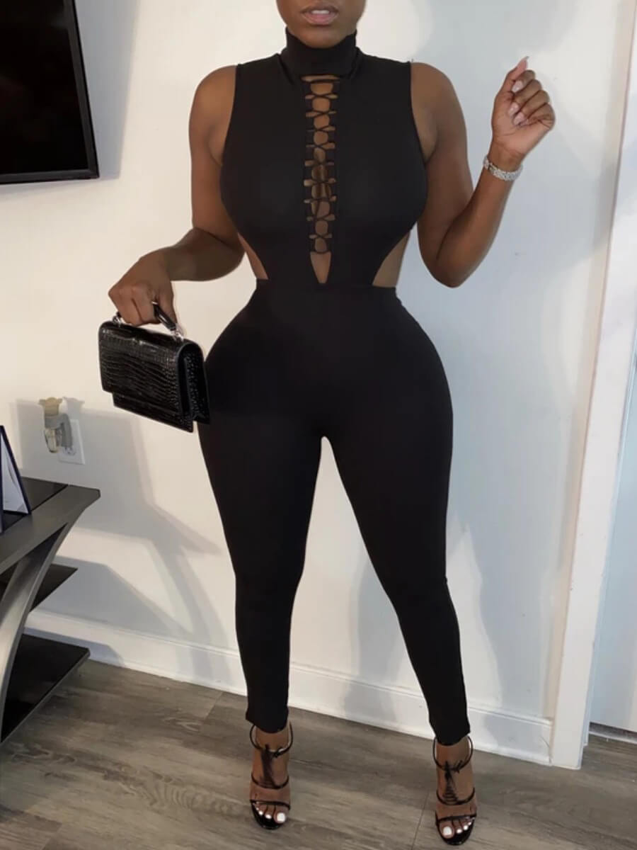 

Lovely Sportswear Hollow-out Bandage Design Black One-piece Jumpsuit