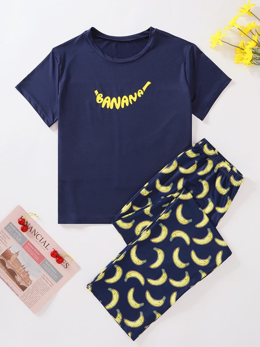 

Lovely Leisure O Neck Banana Print Navy Blue Sleepwear