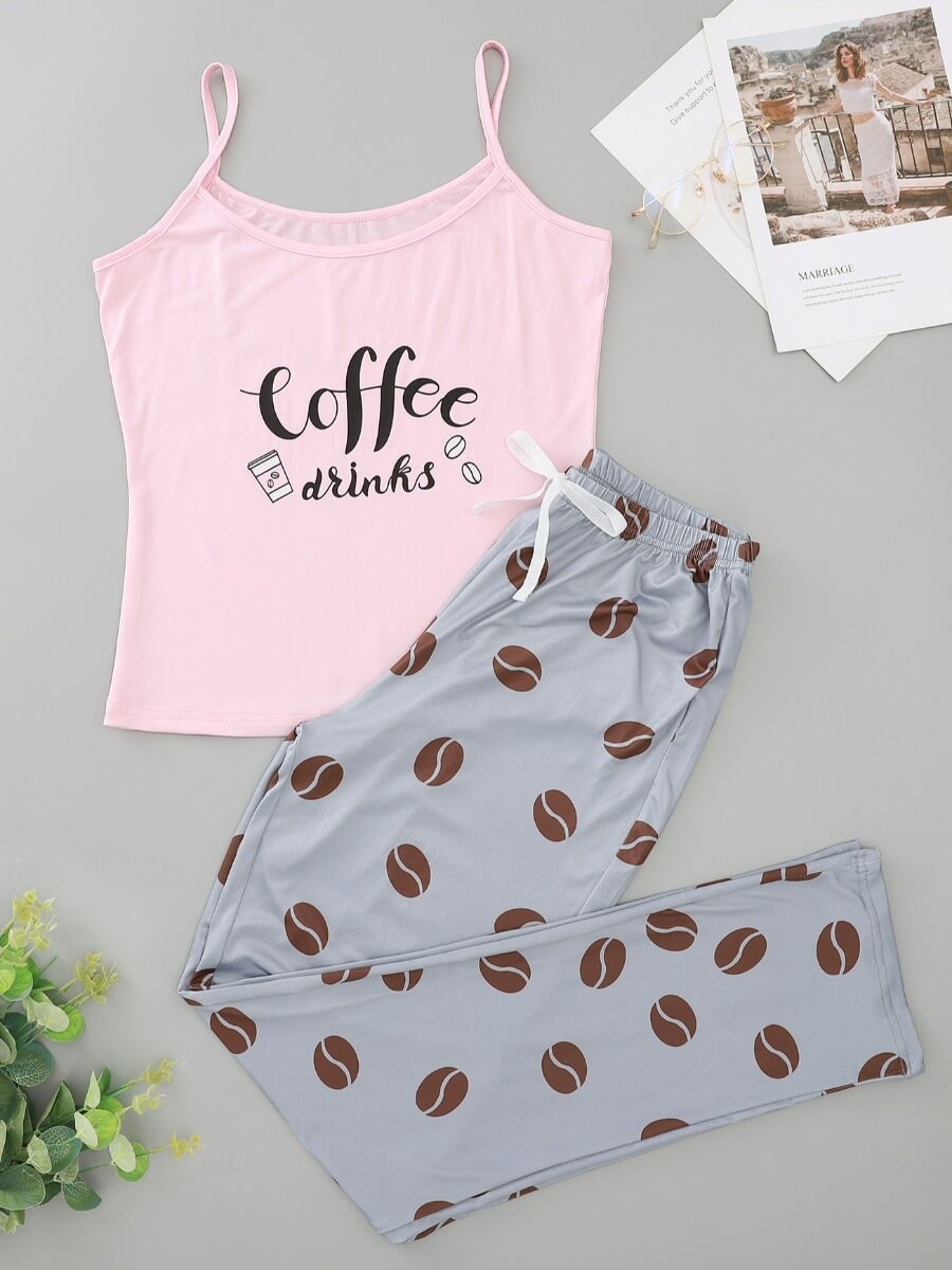 

Lovely Leisure Spaghetti Strap Print Pink Loungewear