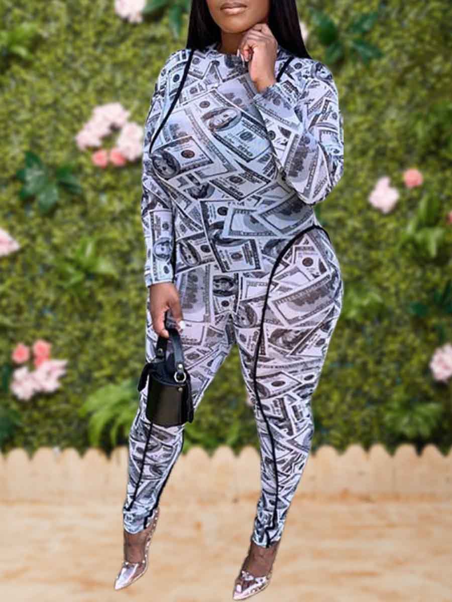 

Lovely Stylish O Neck Print White Plus Size One-piece Jumpsuit
