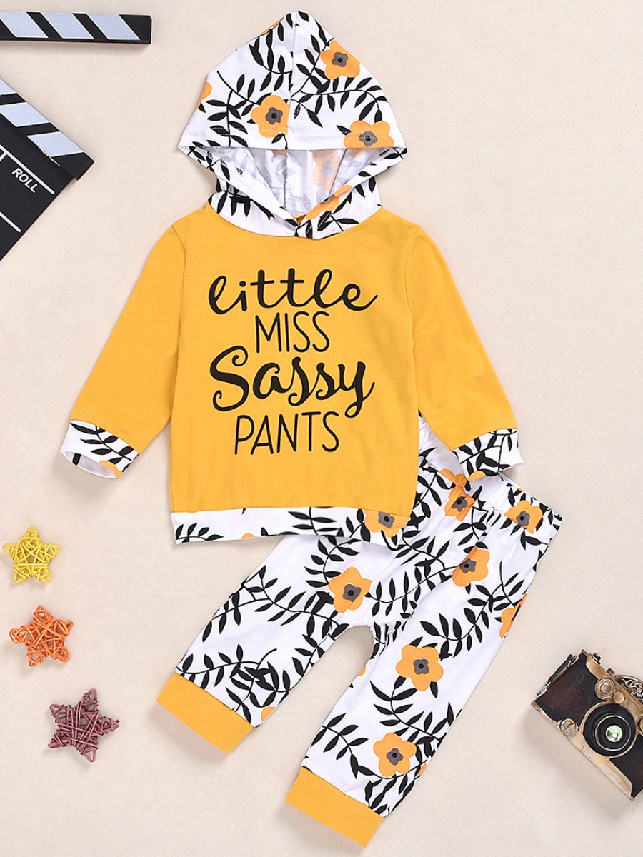 

lovely Trendy Hooded Collar Plants Print Yellow Girl Two-piece Pants Set