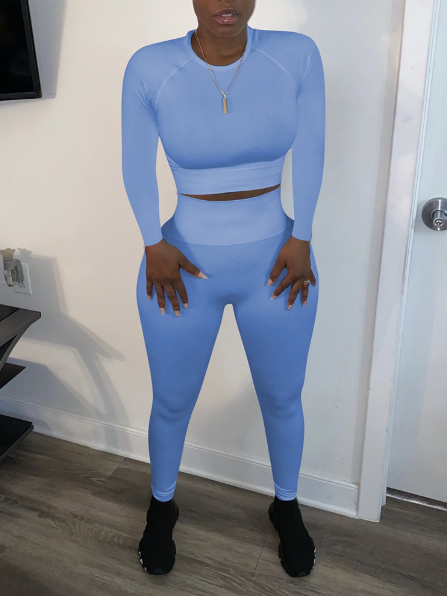 

lovely Sportswear O Neck Patchwork Skinny Blue Two Piece Pants Set