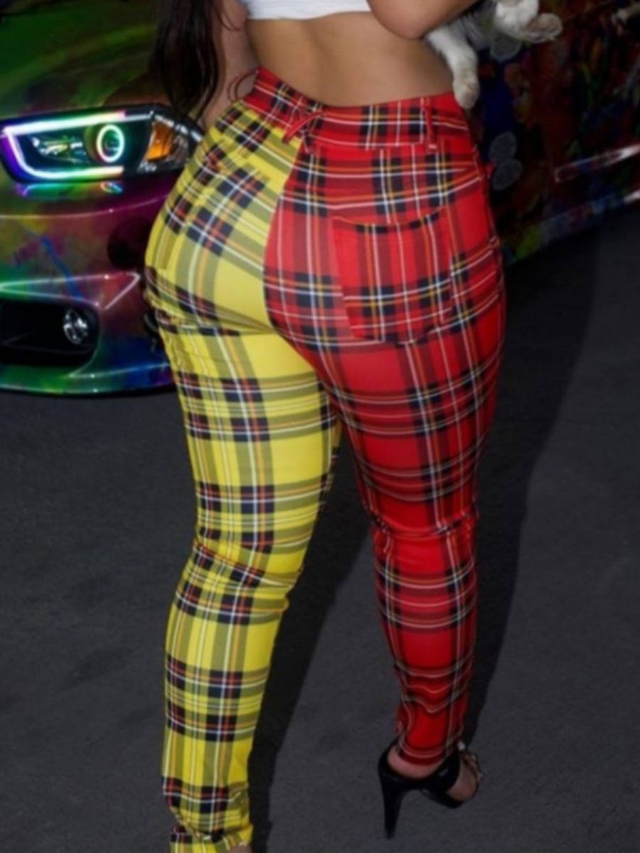 

Lovely Street Grid Print Patchwork Yellow Pants
