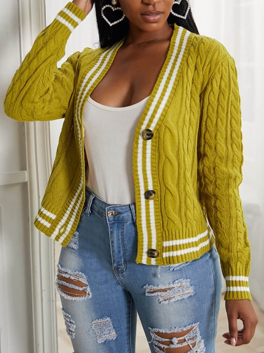 

Lovely Casual Buttons Design Patchwork Yellow Cardigan