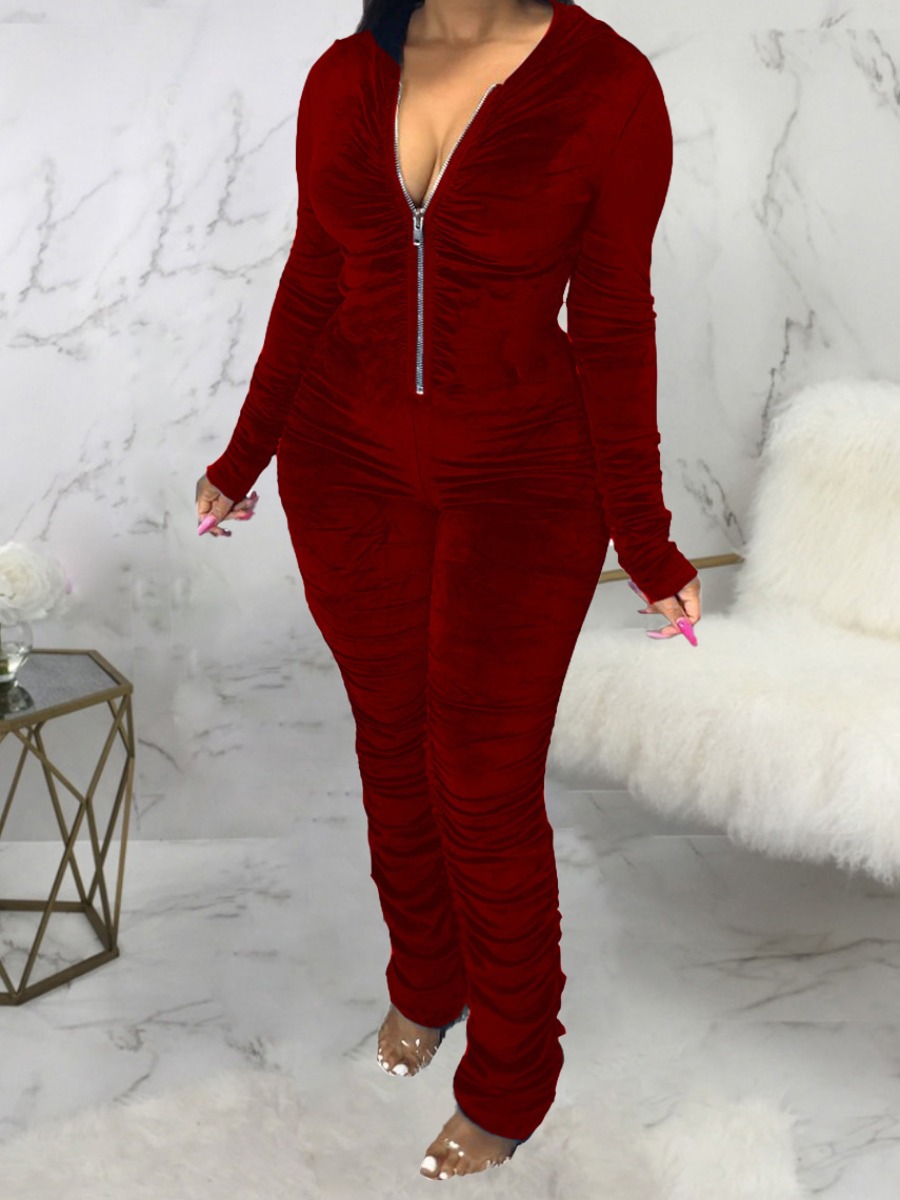 

lovely Sportswear Hooded Collar Zipper Design Red One-piece Jumpsuit