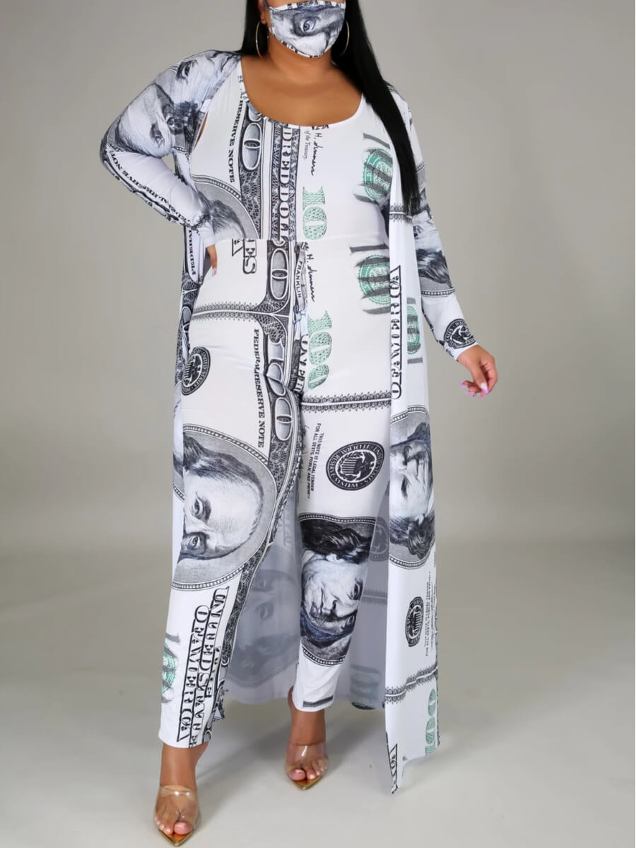 

Lovely Casual U Neck Print White Plus Size Two-piece Pants Set(Without Face Mask