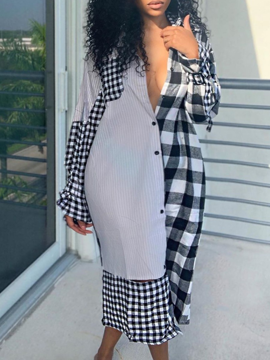 

Lovely Stylish Turndown Collar Grid Print Patchwork Grey Mid Calf Plus Size Dress