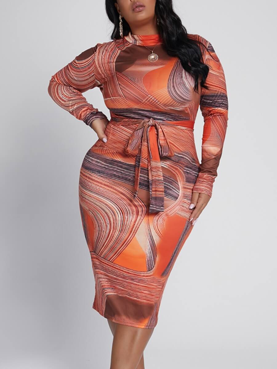 

Lovely Trendy O Neck Print Lace-up Orange Mid Calf Plus Size Dress
