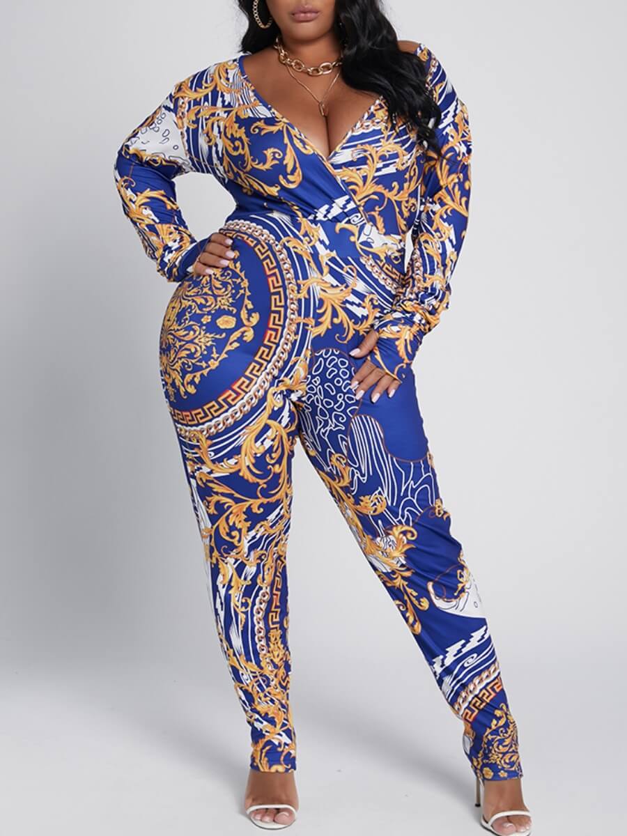

Lovely Stylish V Neck Versace Print Blue Plus Size One-piece Jumpsuit