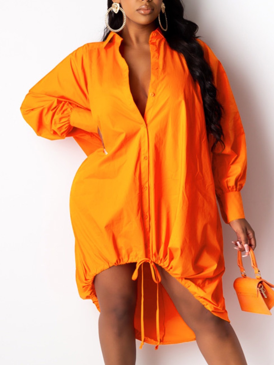 

lovely Casual Turndown Collar Loose Drawstring Orange Knee Length Dress