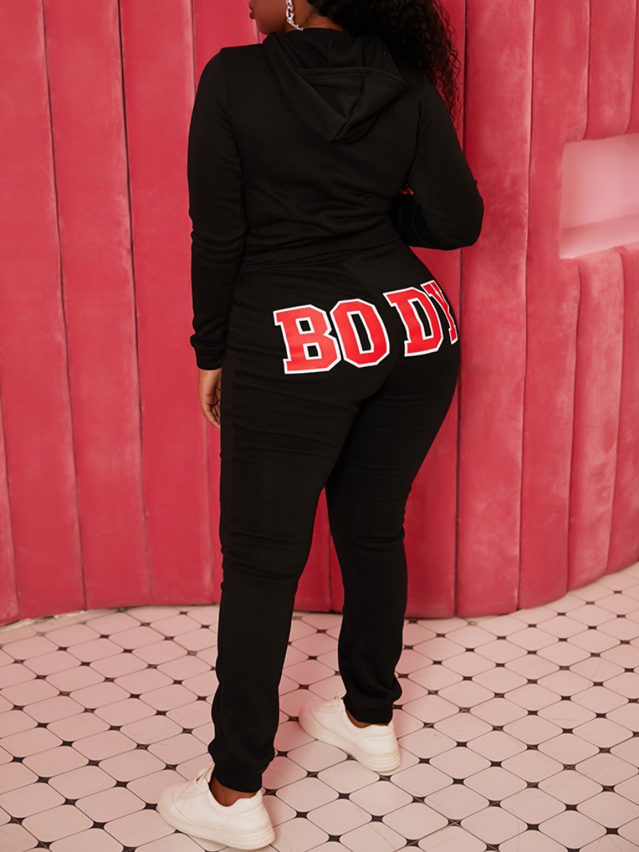 

lovely Sportswear Hooded Collar Letter Print Black Two Piece Pants Set