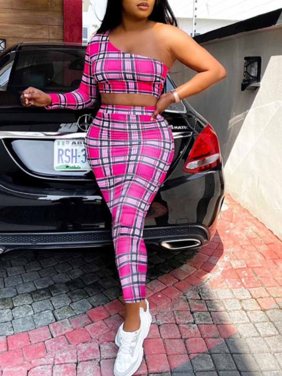 

lovely Trendy One Shoulder Grid Print Rose Red Two Piece Skirt Set