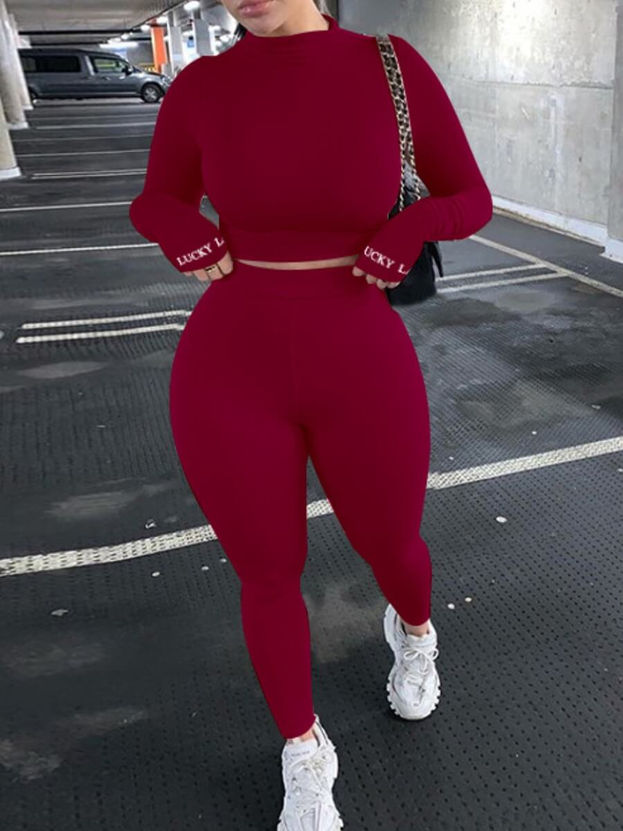 

LW Casual Half A Turtleneck Basic Skinny Wine Red Two Piece Pants Set
