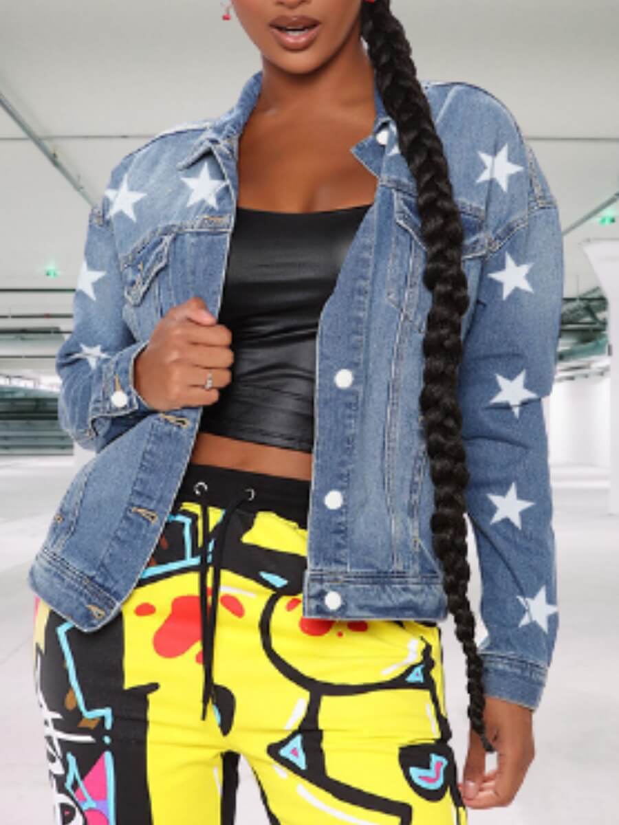 

Lovely Stylish Turndown Collar Pentagram Print Blue Denim Jacket