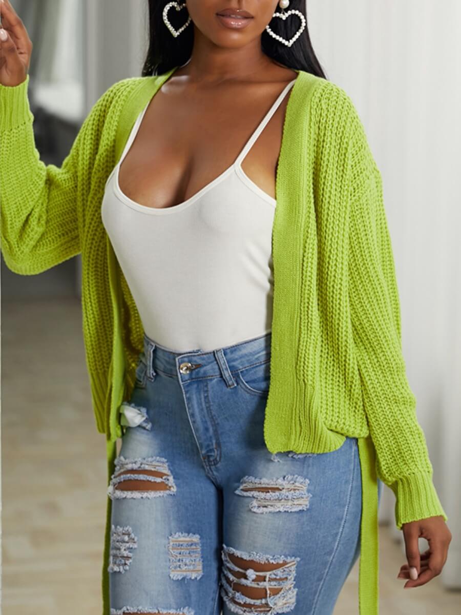 

Lovely Leisure Basic Lace-up Green Cardigan