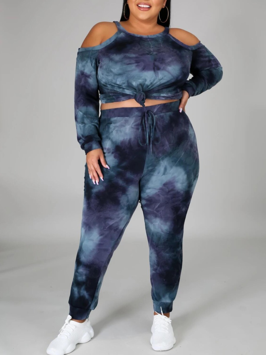 

lovely Sportswear Tie-dye Hollow-out Deep Blue Plus Size Two-piece Pants Set