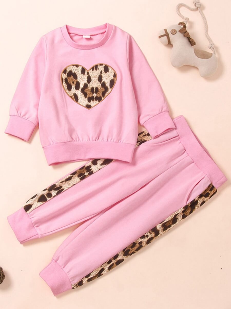 

Lovely Sportswear O Neck Heart Print Patchwork Pink Girl Two-piece Pants Set