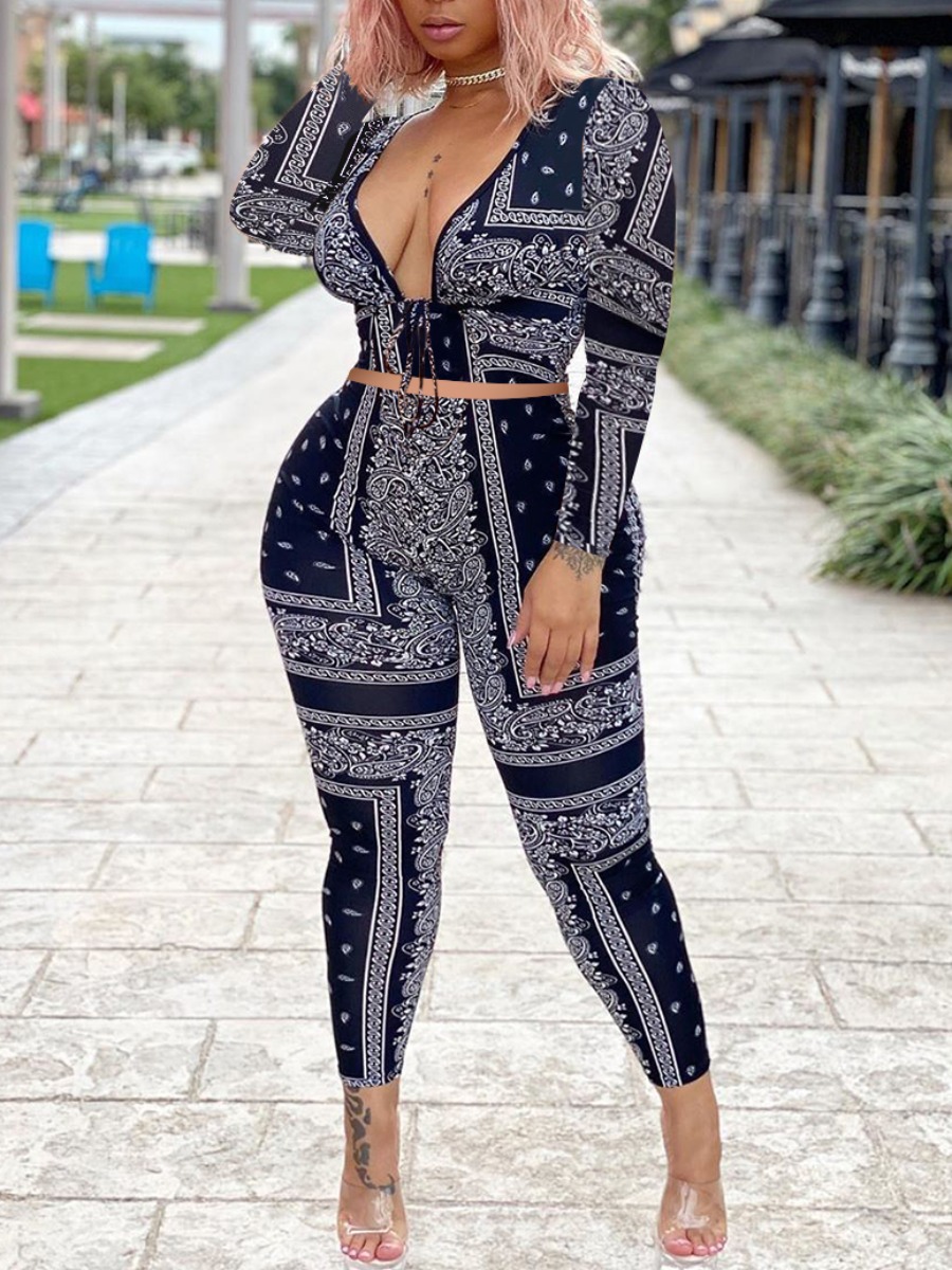 lovely Trendy Deep V Neck Print Black Two Piece Pants Set
