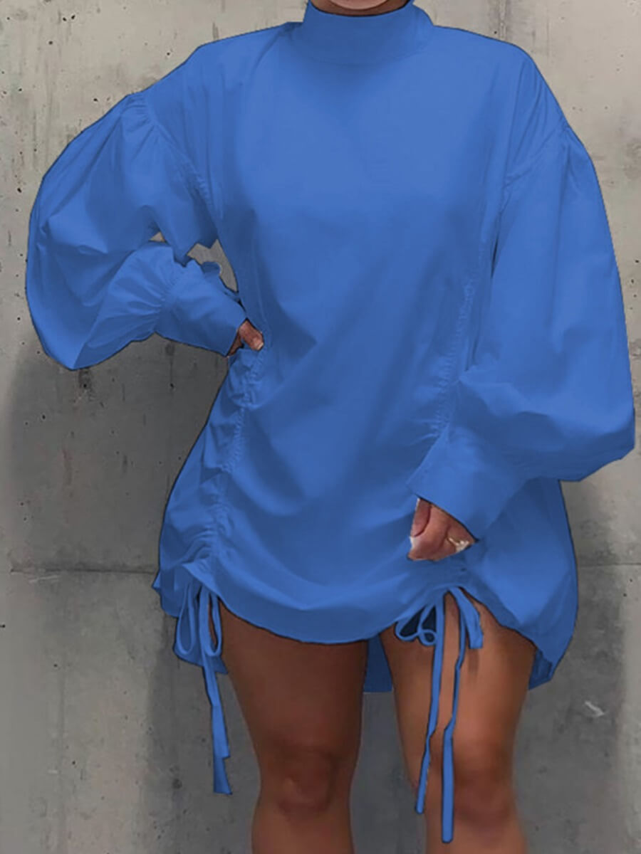 

Lovely Casual Half A Turtleneck Fold Design Blue Mini Plus Size Dress