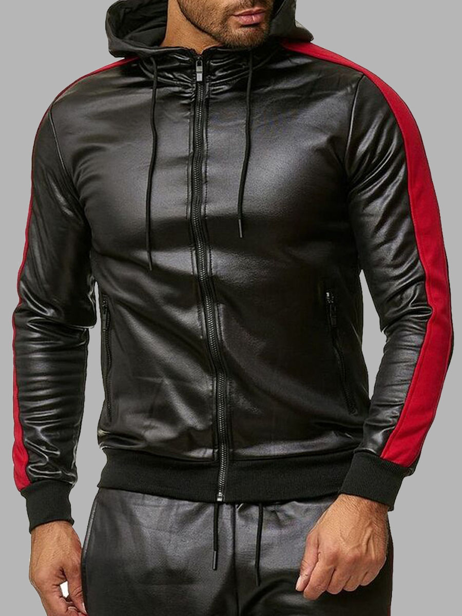 

lovely Casual Hooded Collar Patchwork Zipper Design Red Men Leather
