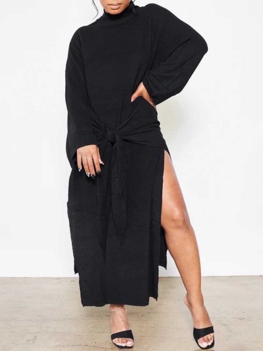 

Lovely Casual Turtleneck Side High Slit Knot Design Black Ankle Length Dress