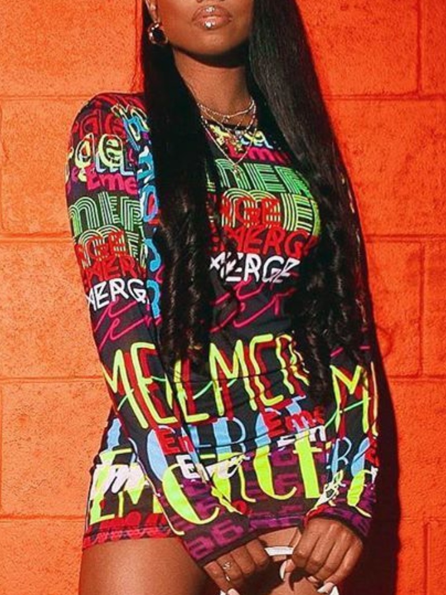 

lovely Street O Neck Letter Print Multicolor Mini Dress, Multi