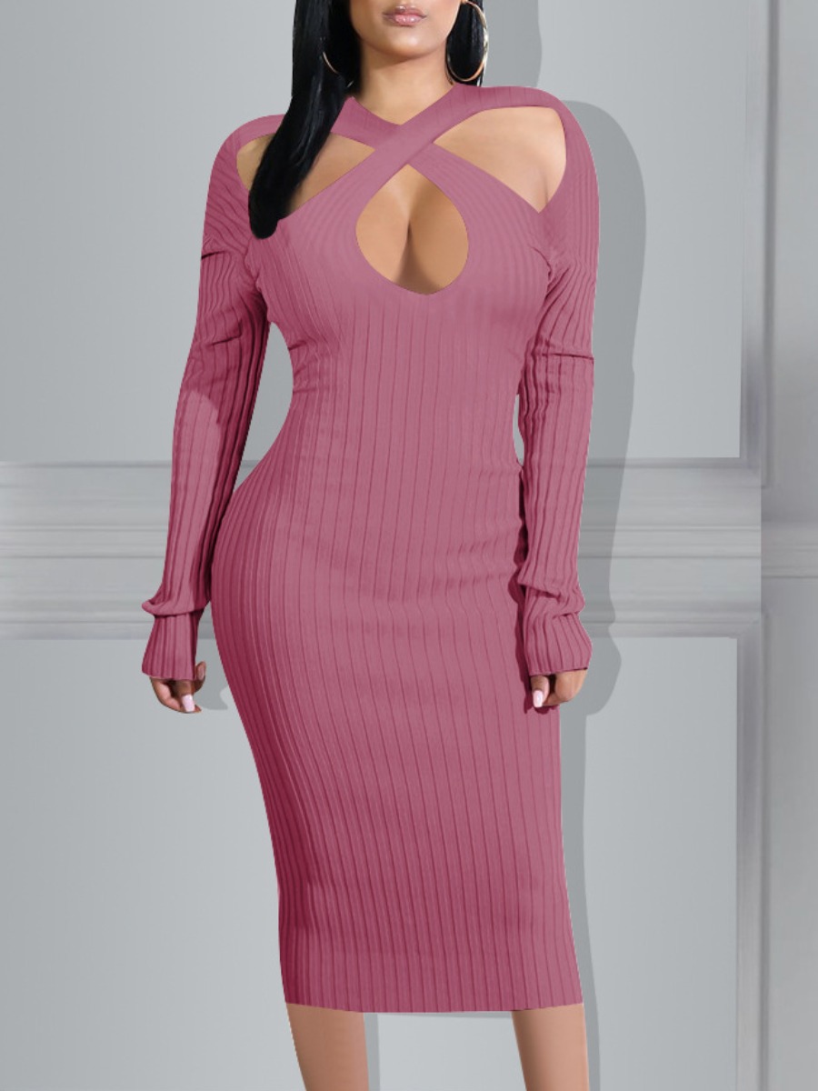 

lovely Sexy Striped Hollow-out Pink Knee Length Dress