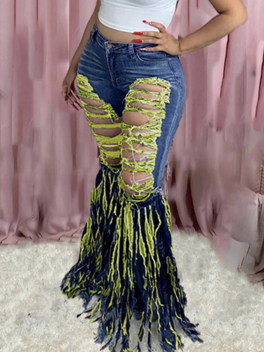 

lovely Street Broken Holes Tassel Design Yellow Jeans