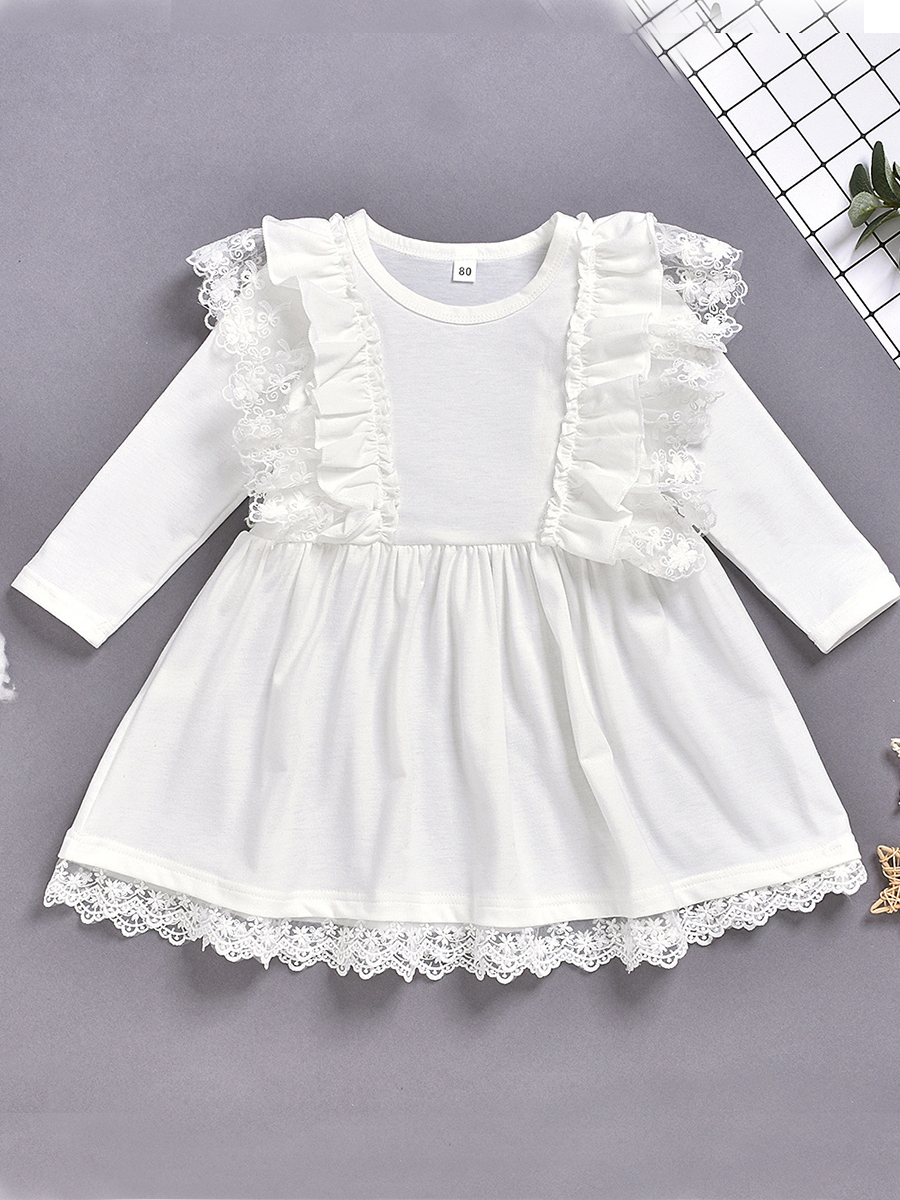 

lovely Sweet O Neck Lace Patchwork White Girl Knee Length Dress