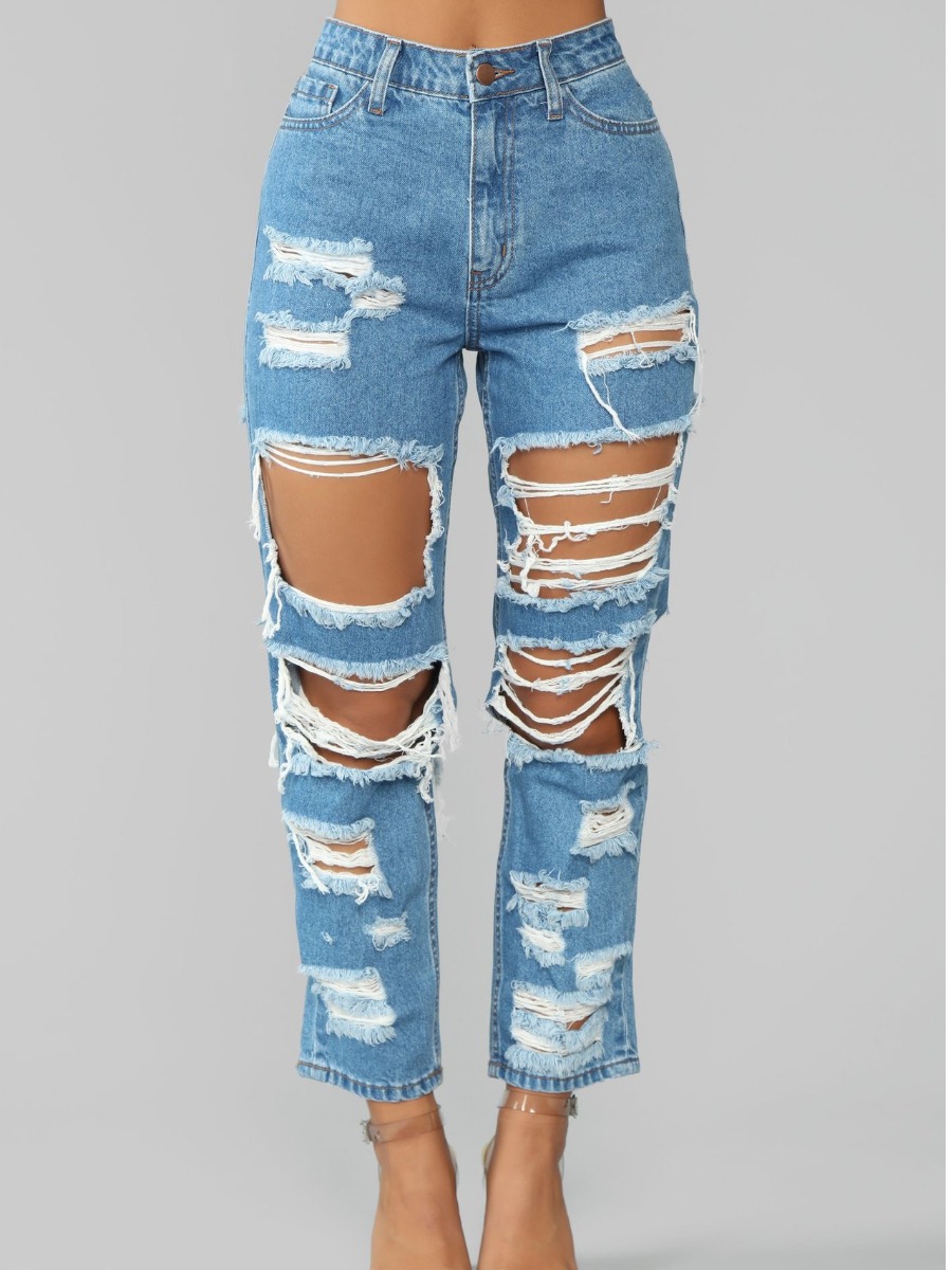 

lovely Stylish Broken Holes Baby Blue Jeans