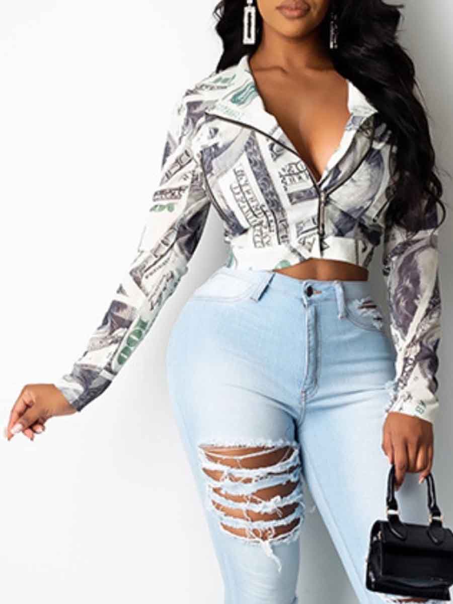 

Lovely Stylish Turndown Collar Print Grey Short Jacket
