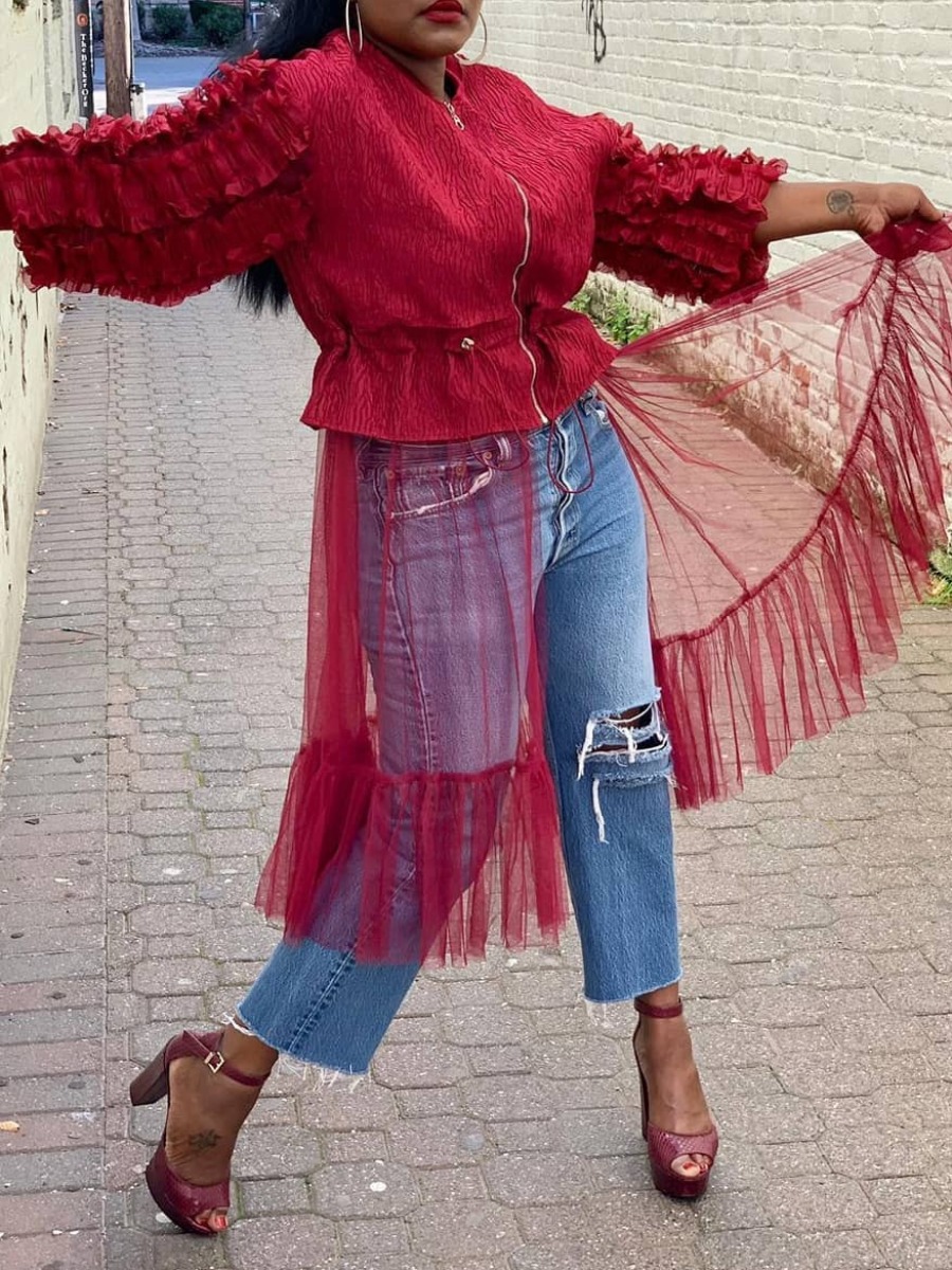 

lovely Sweet Fold Design Patchwork Wine Red Long Coat