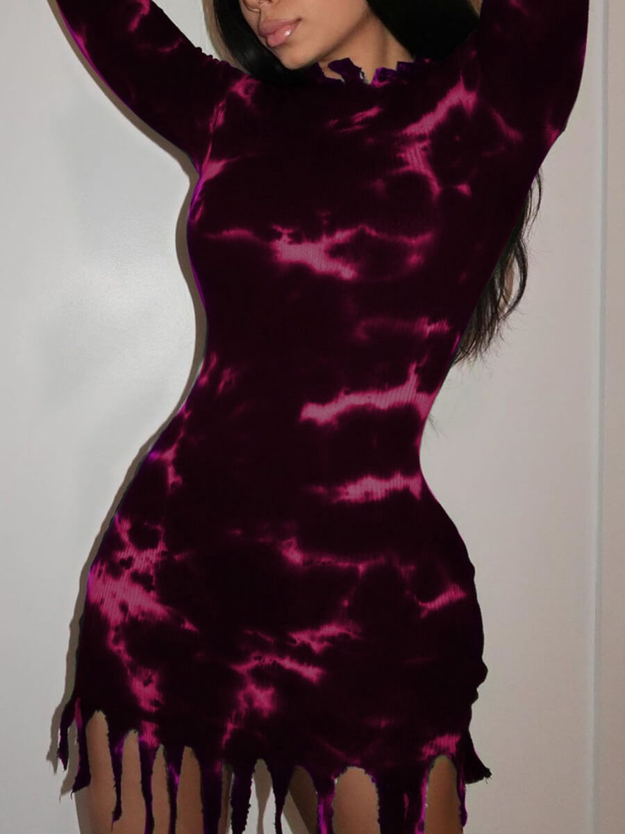 

Lovely Casual O Neck Tie-dye Tassel Design Purple Mini Dress