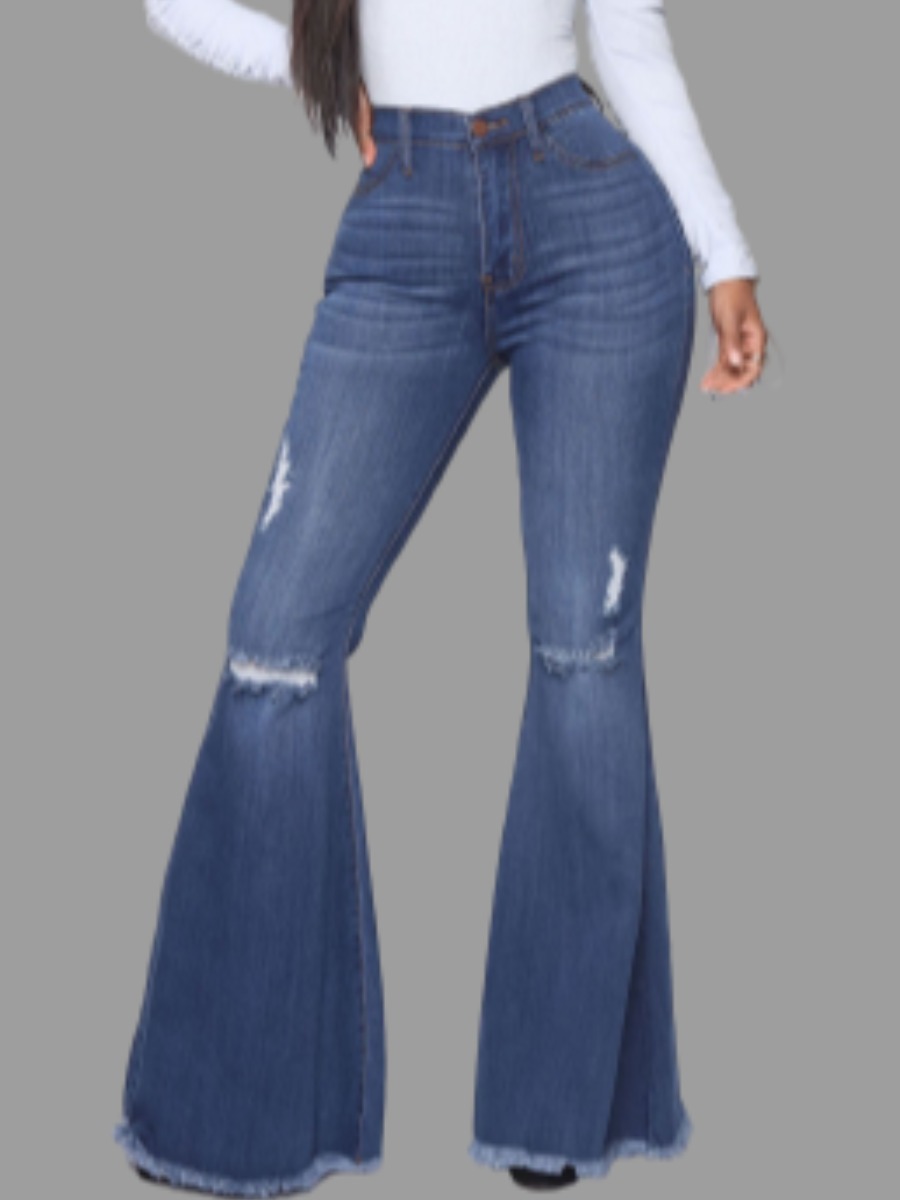 

lovely Trendy Broken Holes Flared Deep Blue Jeans