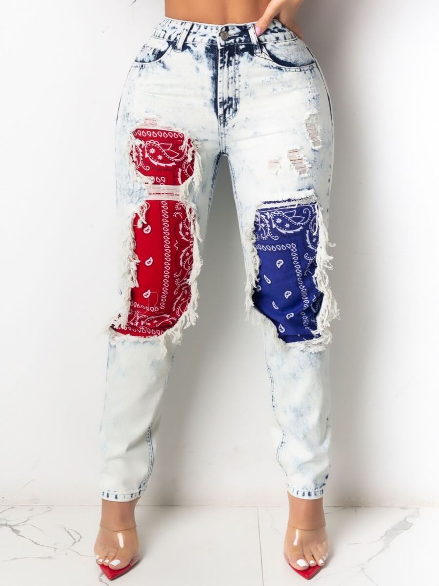 

Lovely Street Patchwork White Jeans