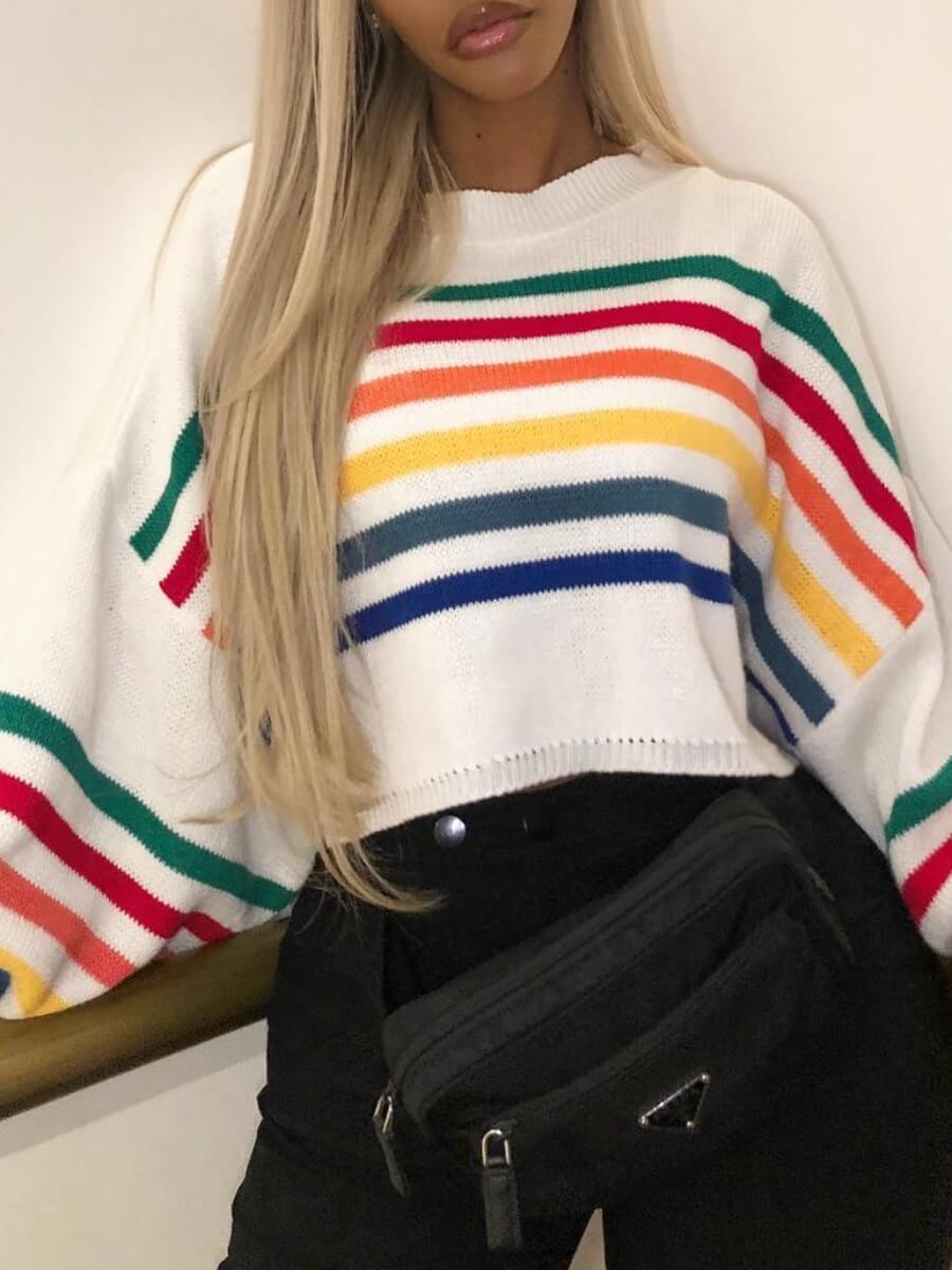 

Lovely Trendy O Neck Striped White Sweater