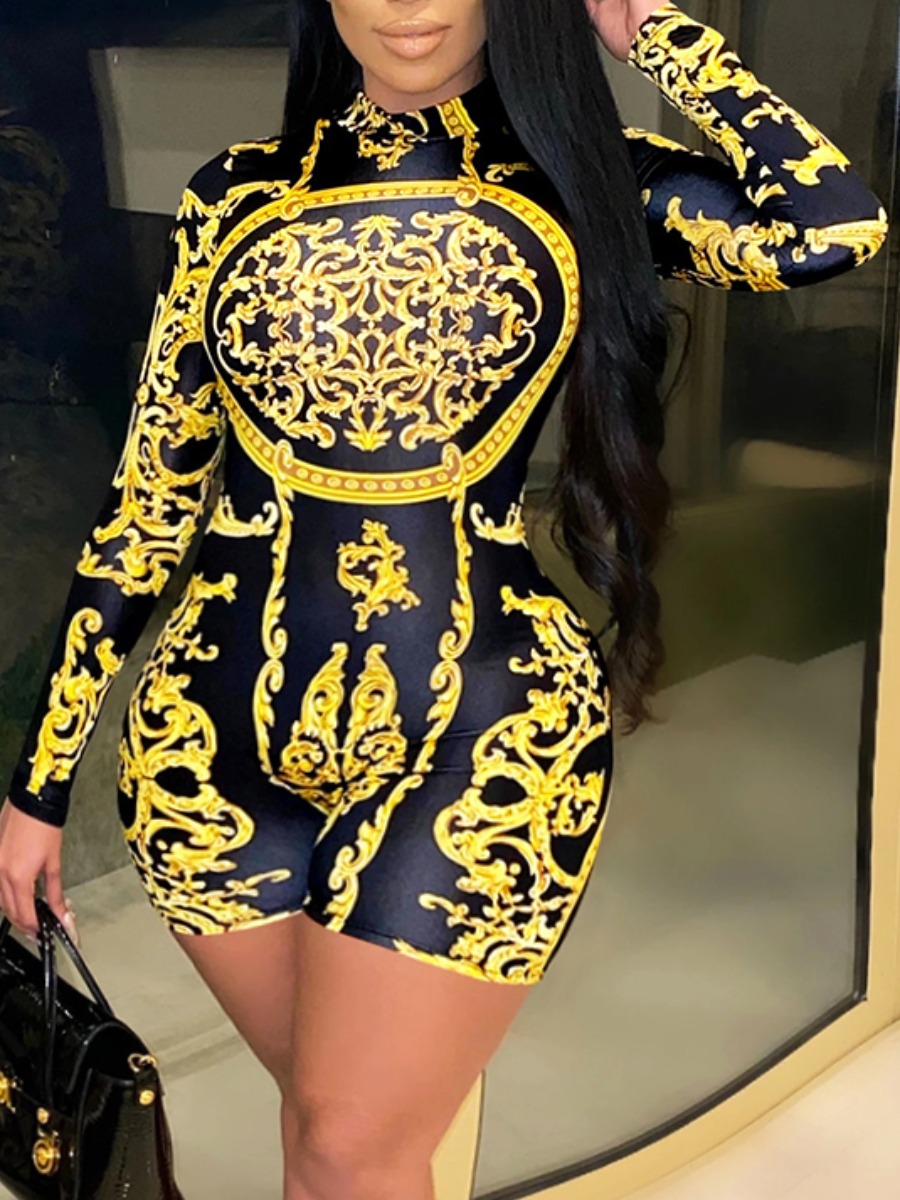 

Lovely Trendy Mandarin Collar Versace Print Yellow Plus Size One-piece Romper