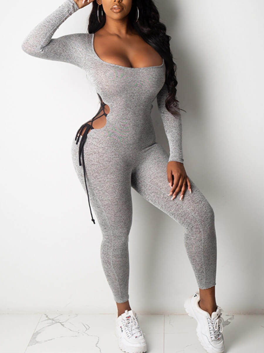 

Lovely Sportswear U Neck Bandage Design Grey One-piece Jumpsuit