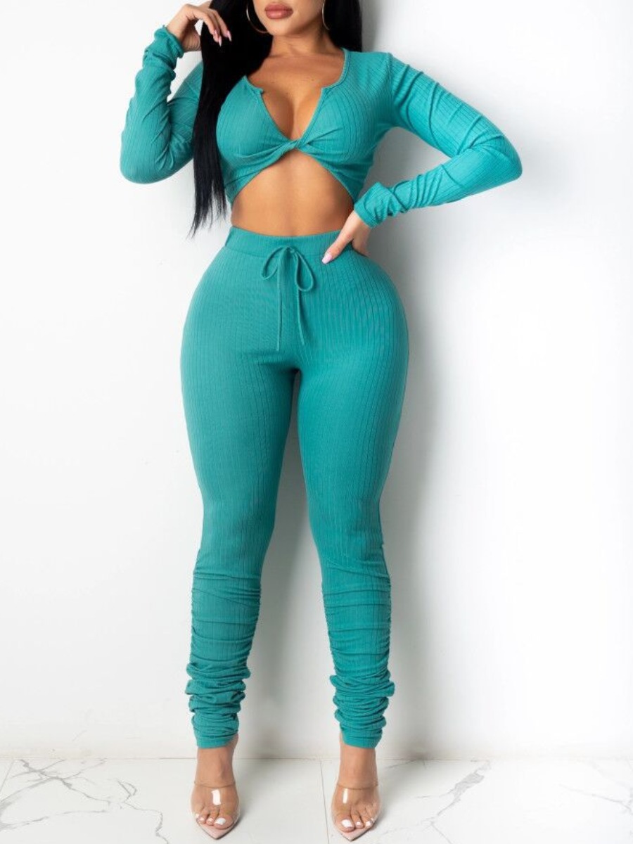 

lovely Leisure Fold Knot Design Green Two Piece Pants Set