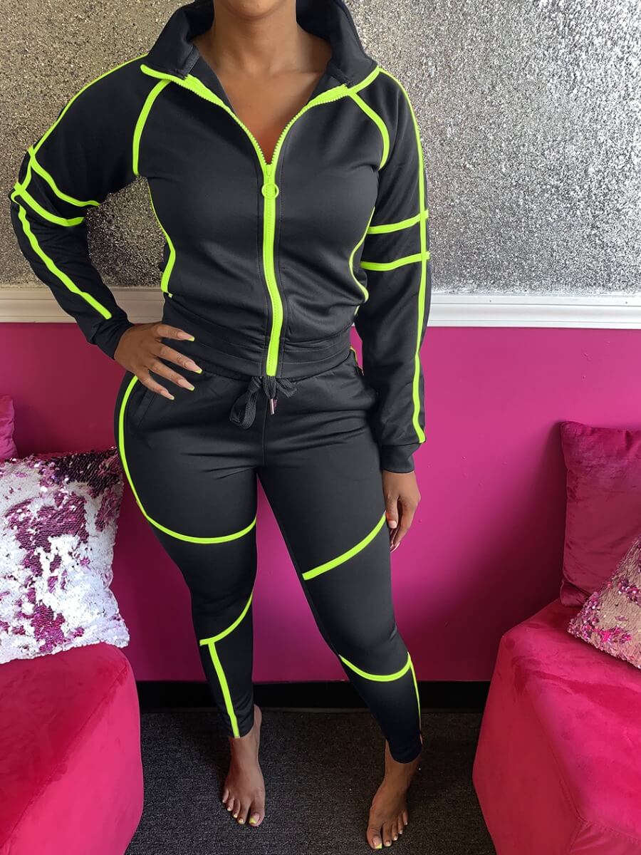 

Lovely Sportswear Turndown Collar Patchwork Black Two Piece Pants Set