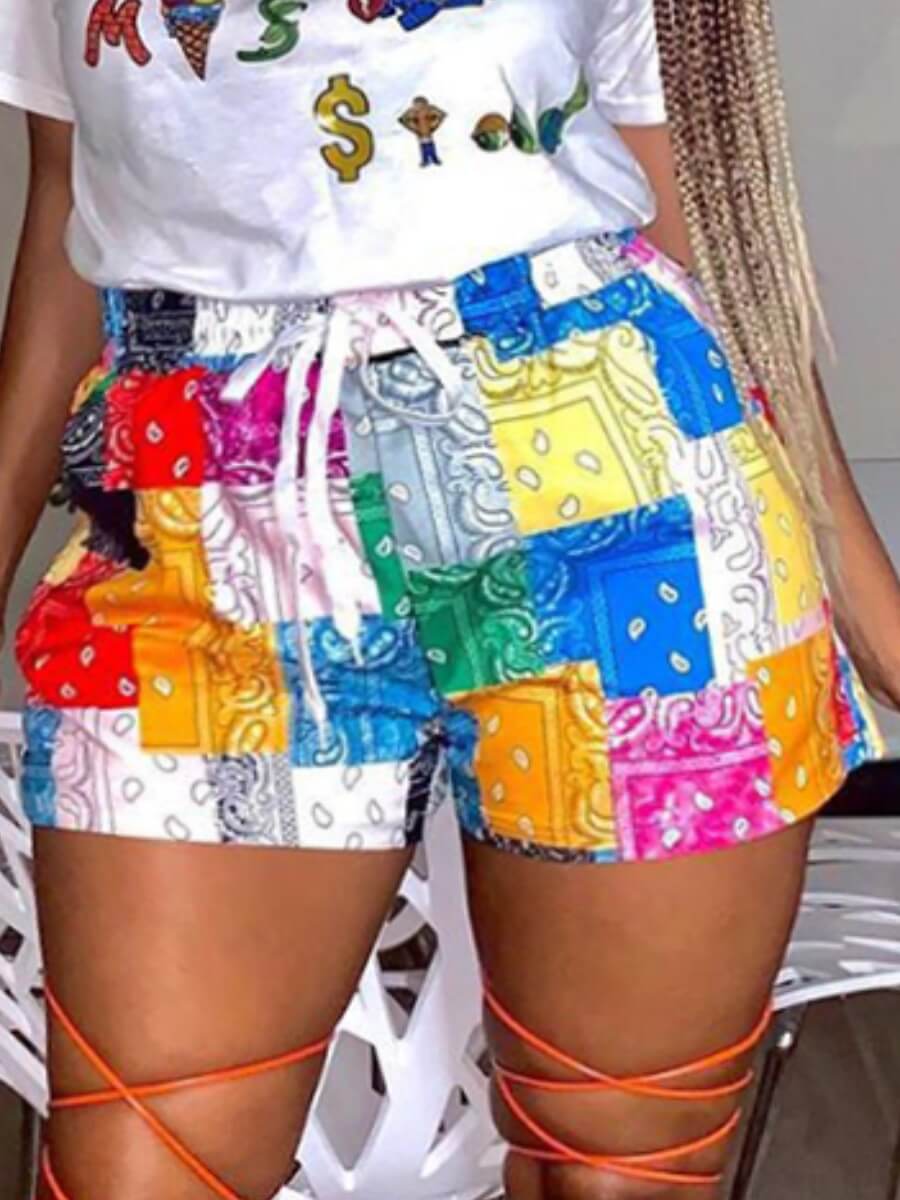 

LW Plus Size Street Print Lace-up Multicolor Shorts, Multi