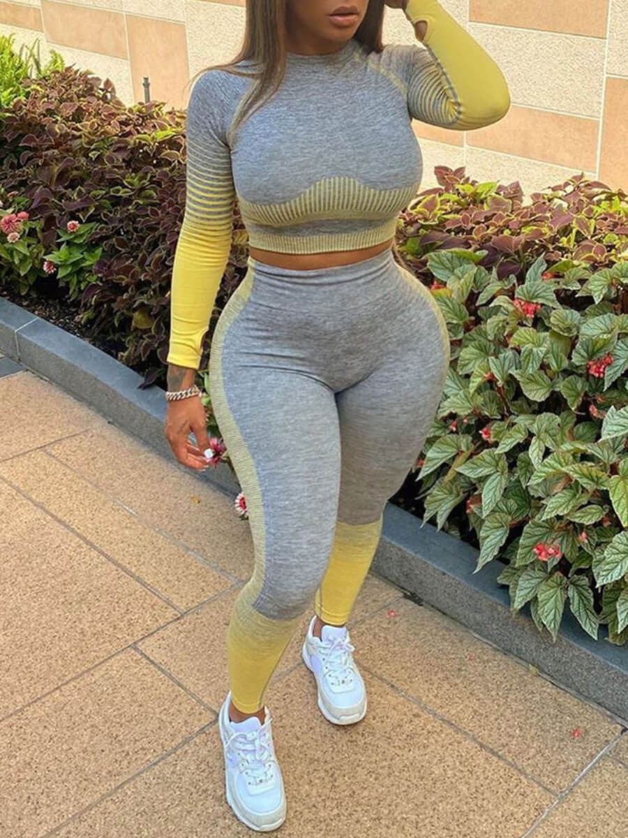 

Lovely Sportswear O Neck Patchwork Yellow Plus Size Two-piece Pants Set