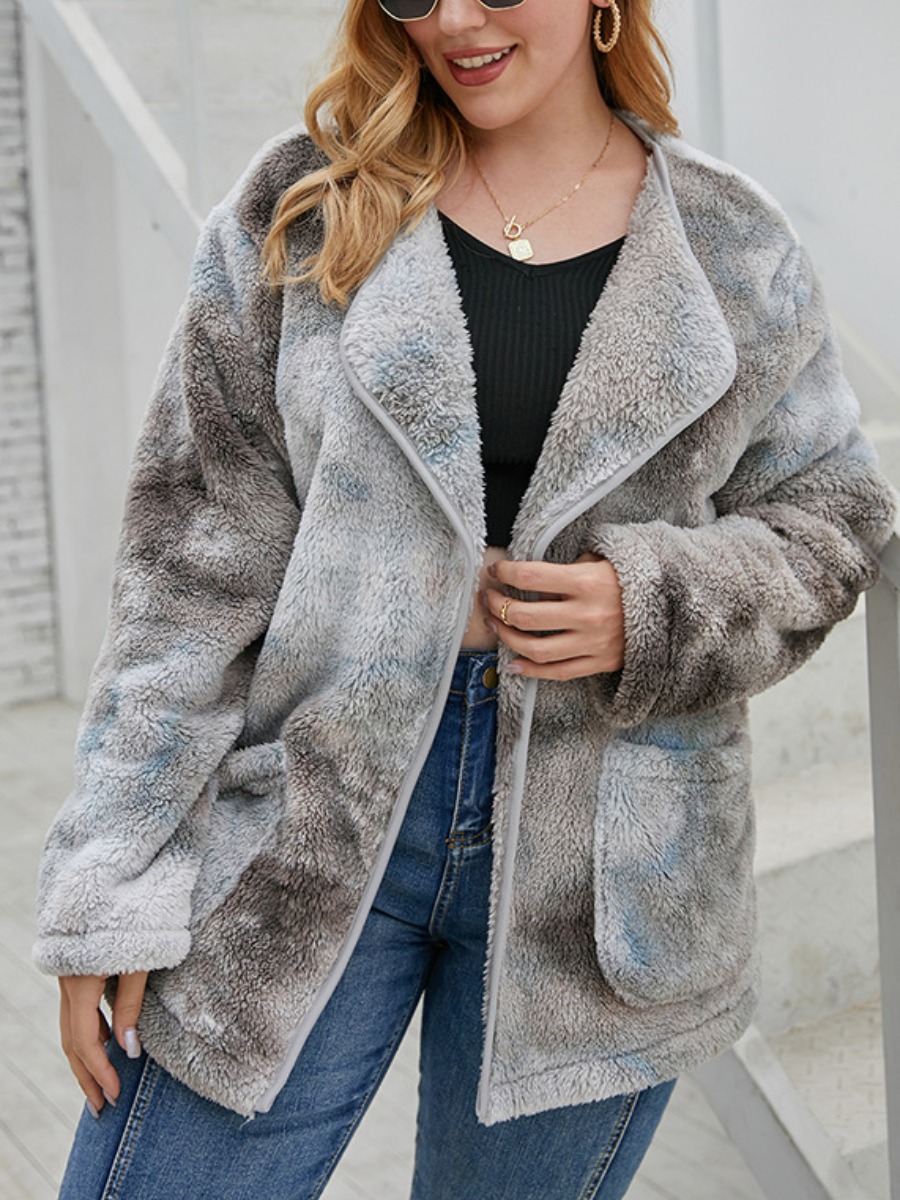 

lovely Casual Tie-dye Pocket Patched Grey Plus Size Coat