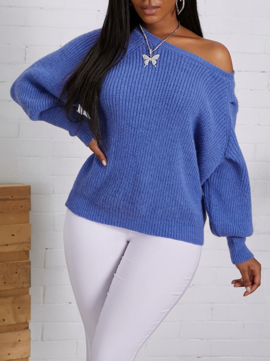 

Lovely Casual O Neck Loose Blue Sweater