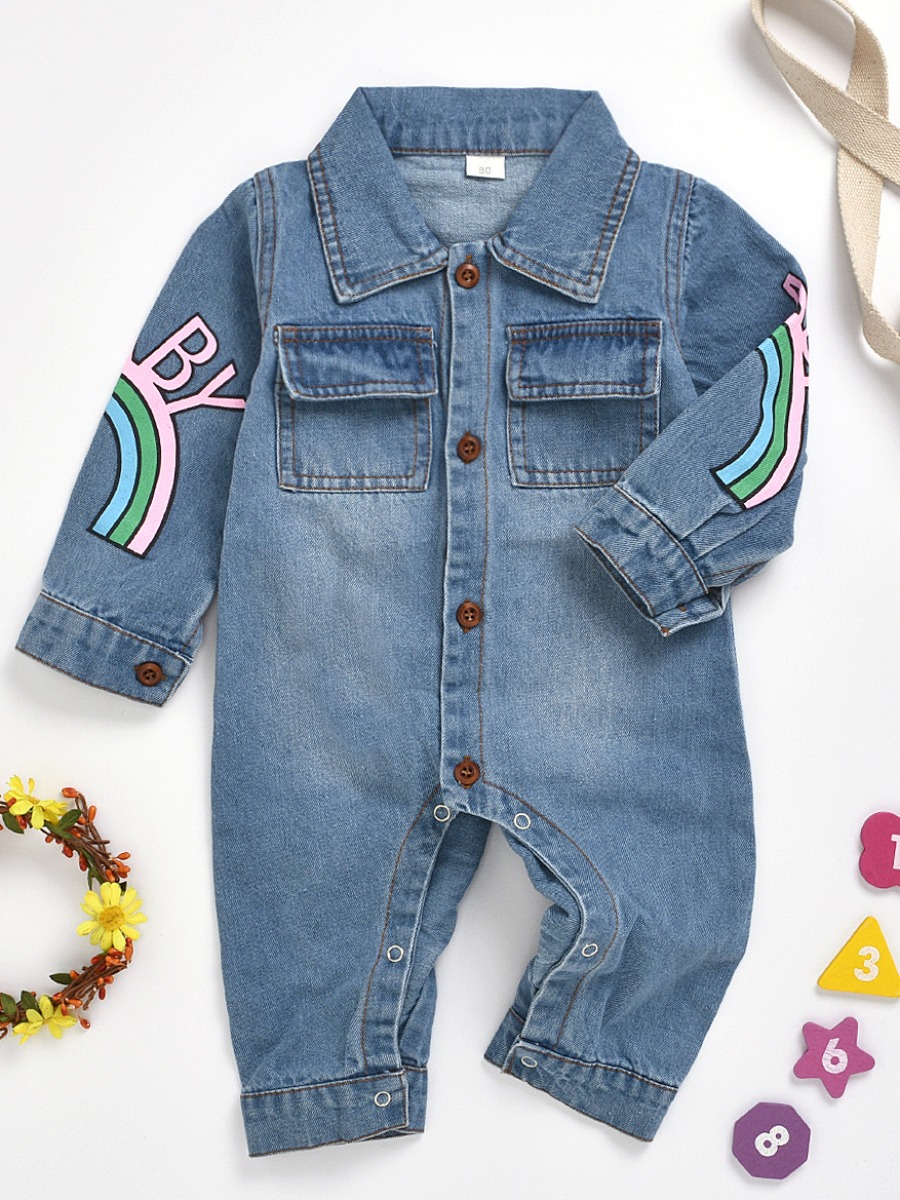 

lovely Casual Turndown Collar Print Buttons Design Blue Girl One-piece Jumpsuit