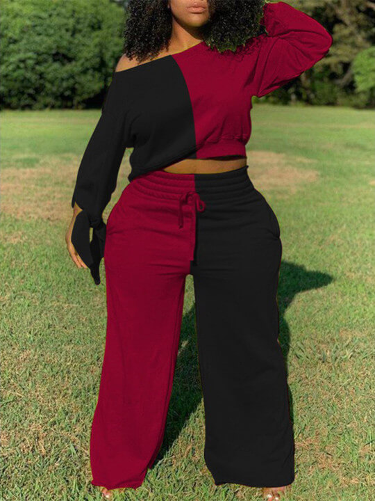 

Lovely Casual Patchwork Lace-up Black Plus Size Two-piece Pants Set