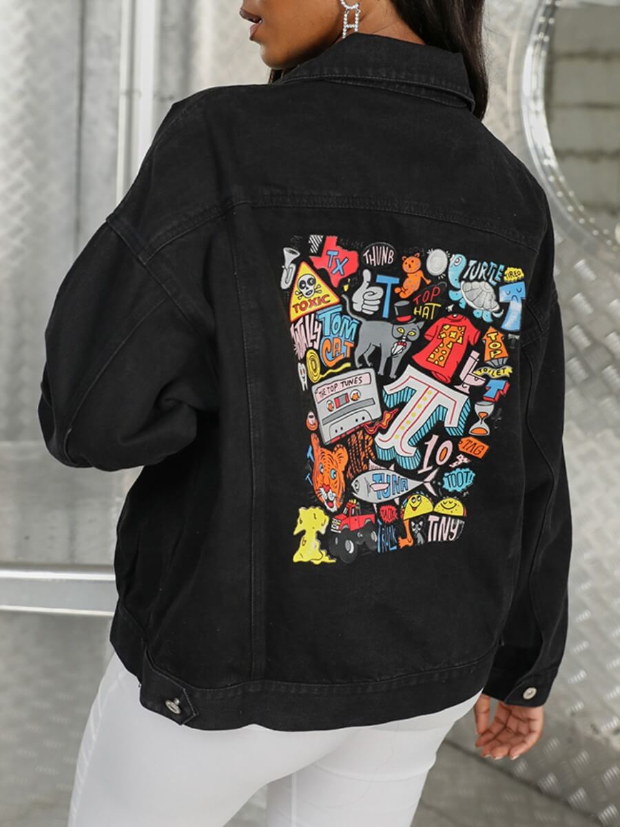 

Lovely Stylish Turndown Collar Print Black Denim Jacket