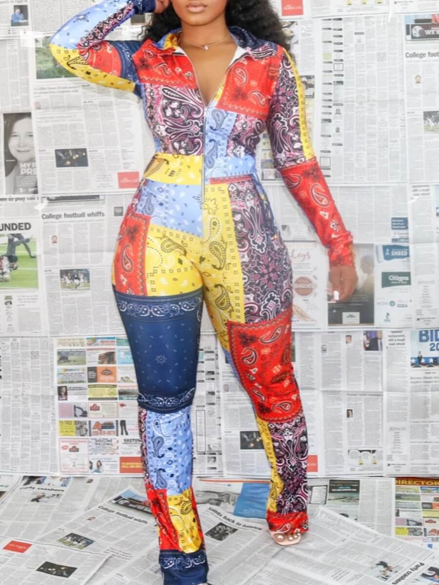 

Lovely Stylish Turndown Collar Print Patchwork Multicolor One-piece Jumpsuit, Multi
